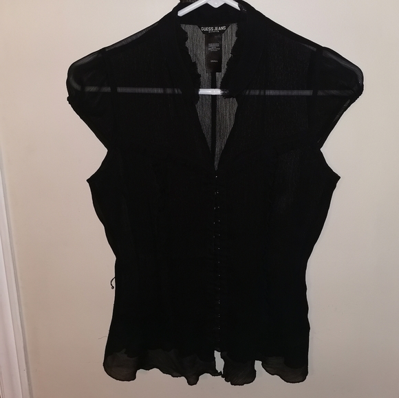 GUESS black short sleeved blouse see-through S - Picture 4 of 9